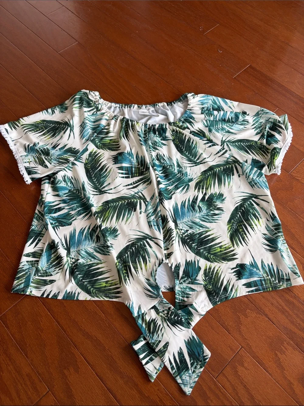 Skye's the Limit White Top with Green Palm Print Tie Front